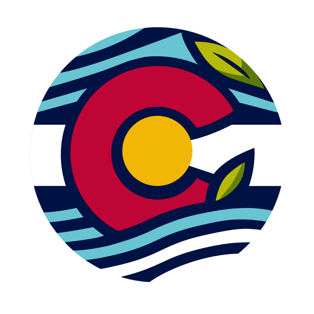 Colorado Sustainability Hub logo represented by a red C with a yellow center. Water lines and green leaves are above and below the C.